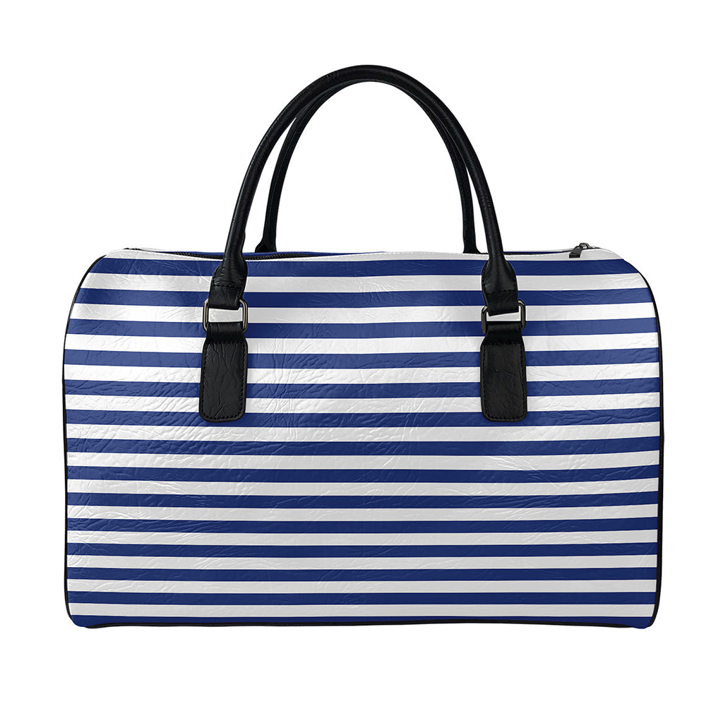 Navy And White Striped Pattern Print Leather Duffle Bag