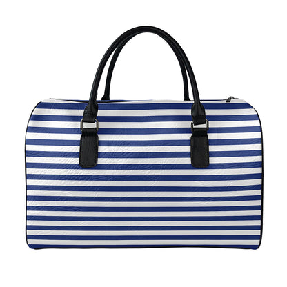 Navy And White Striped Pattern Print Leather Duffle Bag