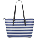 Navy And White Striped Pattern Print Leather Tote Bag