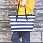 Navy And White Striped Pattern Print Leather Tote Bag