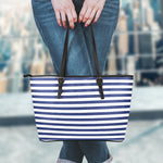 Navy And White Striped Pattern Print Leather Tote Bag