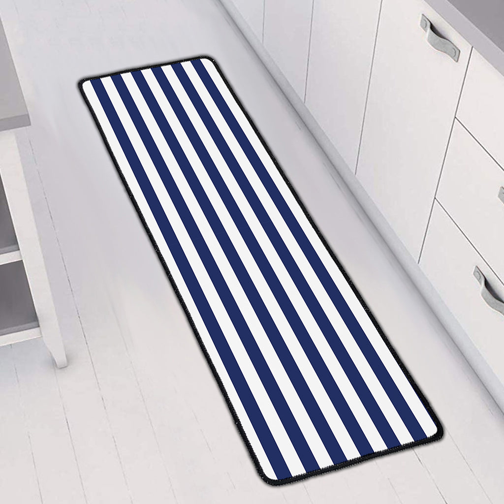 Navy And White Striped Pattern Print Long Kitchen Mat