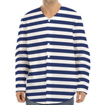 Navy And White Striped Pattern Print Long Sleeve Baseball Jersey