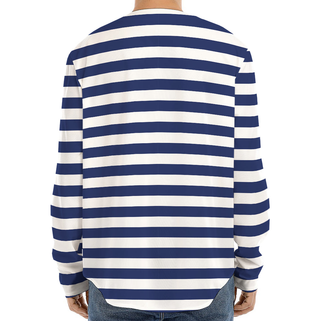 Navy And White Striped Pattern Print Long Sleeve Baseball Jersey