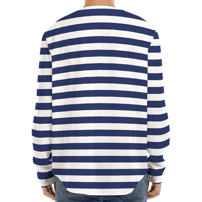 Navy And White Striped Pattern Print Long Sleeve Baseball Jersey