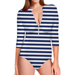 Navy And White Striped Pattern Print Long Sleeve Swimsuit