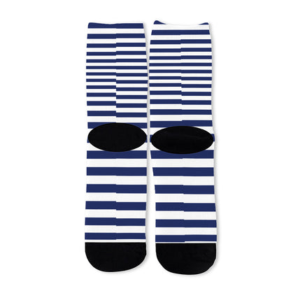 Navy And White Striped Pattern Print Long Socks