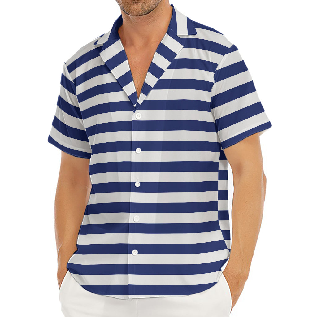 Navy And White Striped Pattern Print Men's Deep V-Neck Shirt
