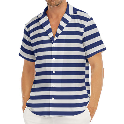 Navy And White Striped Pattern Print Men's Deep V-Neck Shirt