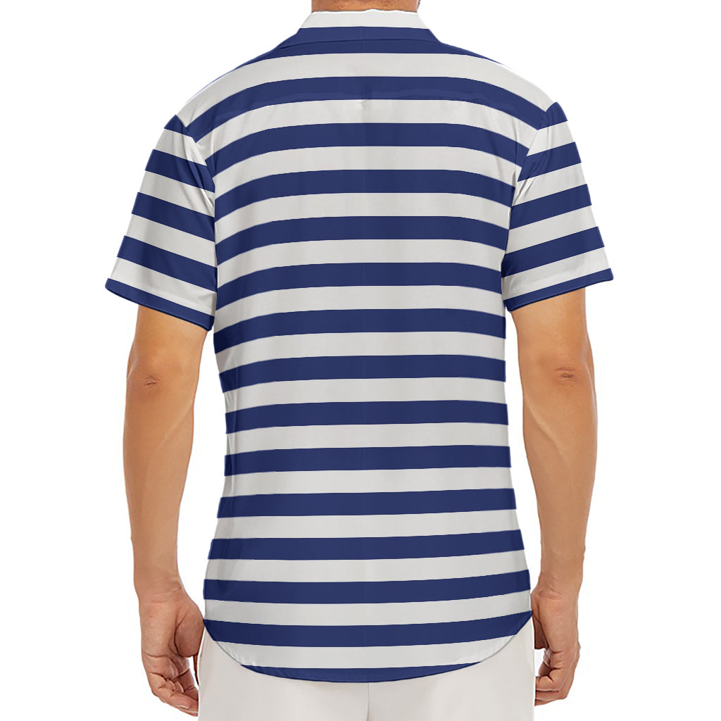 Navy And White Striped Pattern Print Men's Deep V-Neck Shirt