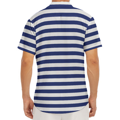 Navy And White Striped Pattern Print Men's Deep V-Neck Shirt