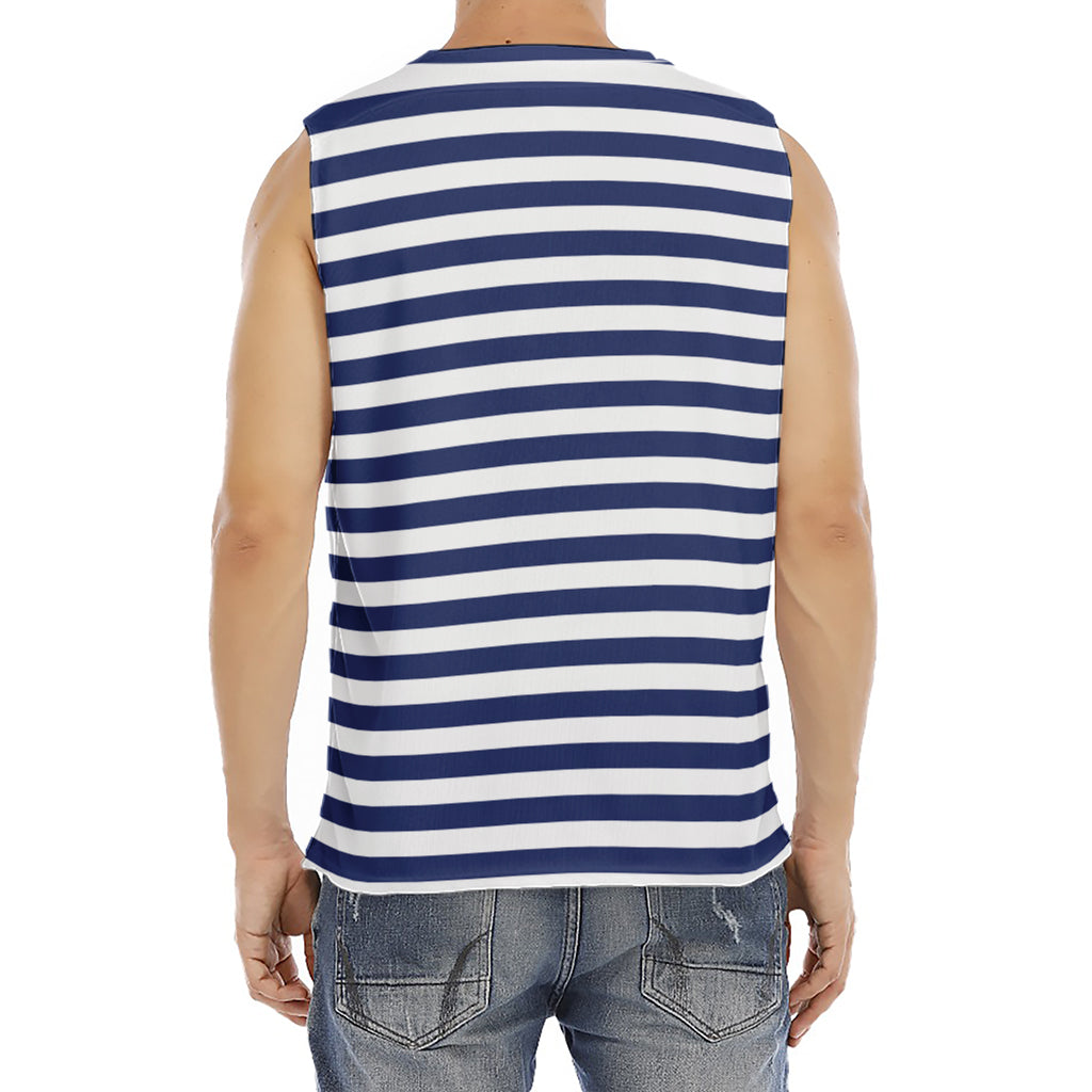 Navy And White Striped Pattern Print Men's Fitness Tank Top