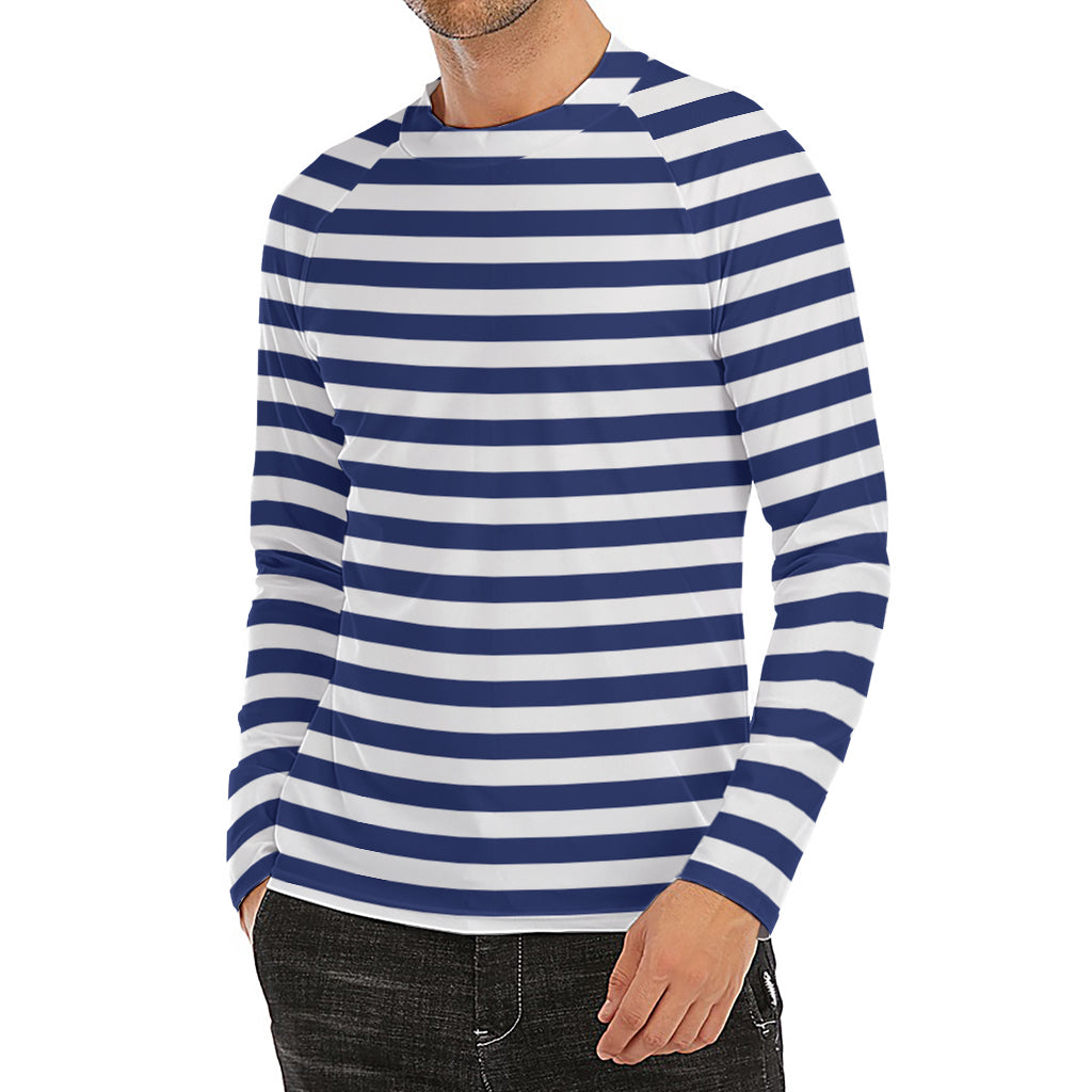 Navy And White Striped Pattern Print Men's Long Sleeve Rash Guard