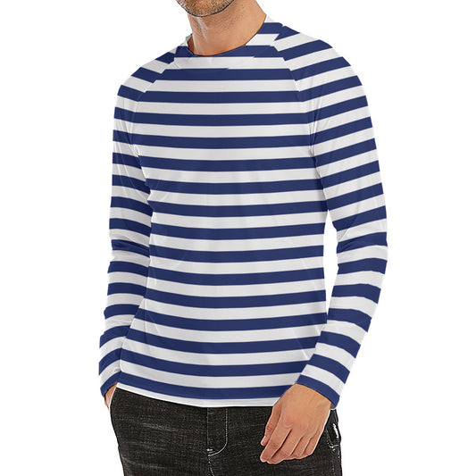 Navy And White Striped Pattern Print Men's Long Sleeve Rash Guard