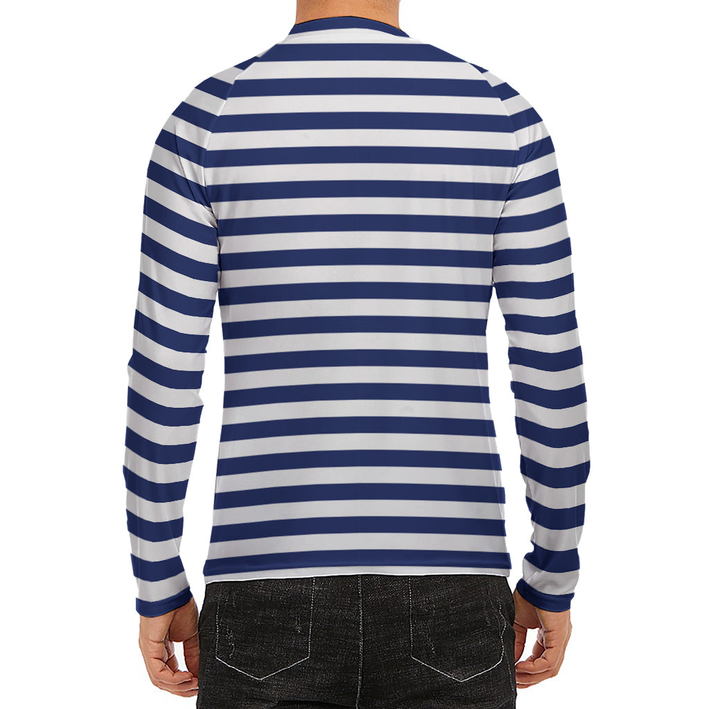 Navy And White Striped Pattern Print Men's Long Sleeve Rash Guard
