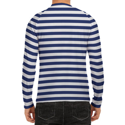 Navy And White Striped Pattern Print Men's Long Sleeve Rash Guard