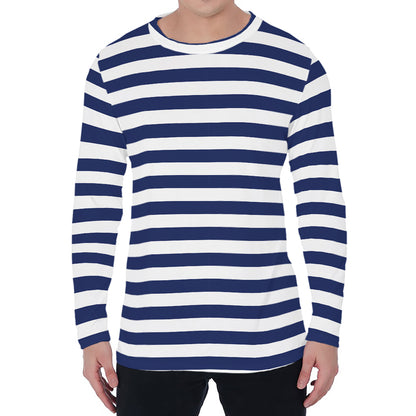 Navy And White Striped Pattern Print Men's Long Sleeve T-Shirt