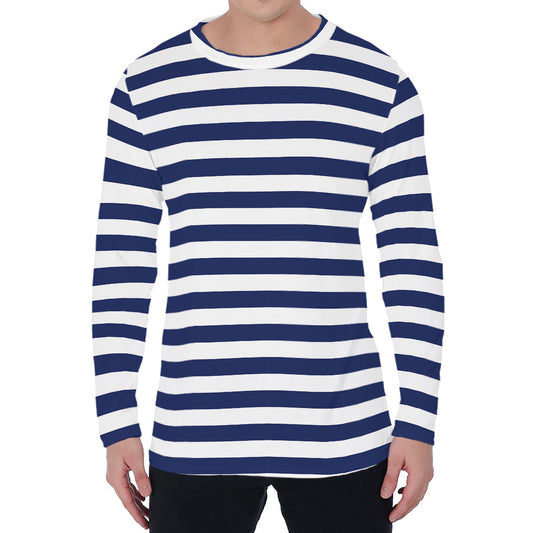 Navy And White Striped Pattern Print Men's Long Sleeve T-Shirt