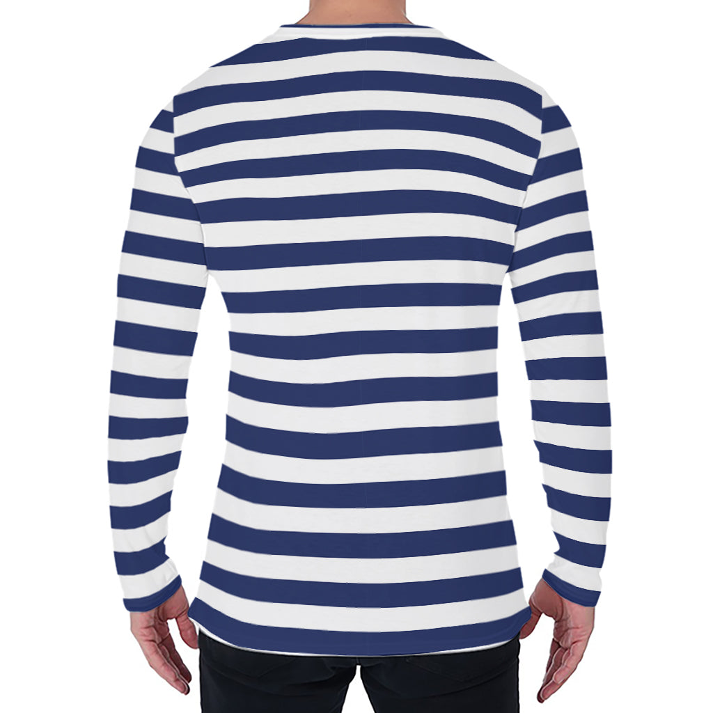 Navy And White Striped Pattern Print Men's Long Sleeve T-Shirt