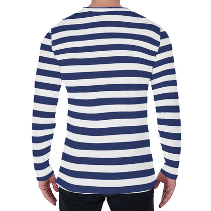 Navy And White Striped Pattern Print Men's Long Sleeve T-Shirt