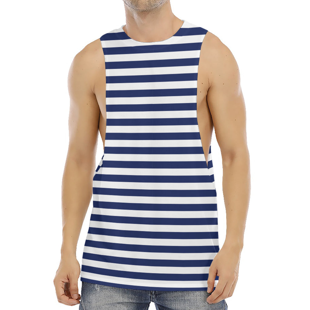 Navy And White Striped Pattern Print Men's Muscle Tank Top