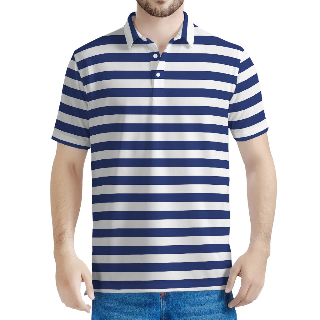 Navy And White Striped Pattern Print Men's Polo Shirt