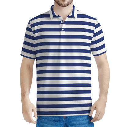 Navy And White Striped Pattern Print Men's Polo Shirt