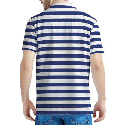 Navy And White Striped Pattern Print Men's Polo Shirt