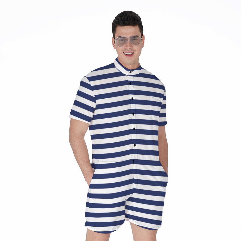 Navy And White Striped Pattern Print Men's Rompers
