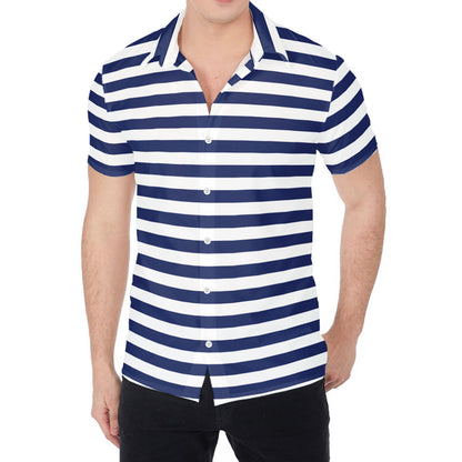 Navy And White Striped Pattern Print Men's Shirt