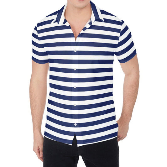 Navy And White Striped Pattern Print Men's Shirt