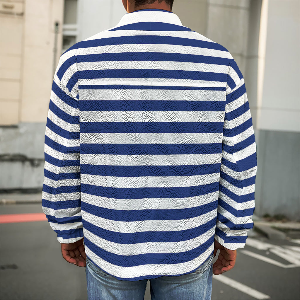 Navy And White Striped Pattern Print Men's Shirt Jacket