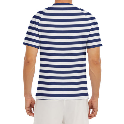 Navy And White Striped Pattern Print Men's Short Sleeve Rash Guard