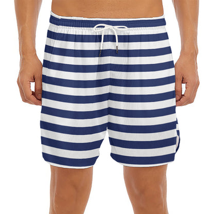 Navy And White Striped Pattern Print Men's Split Running Shorts