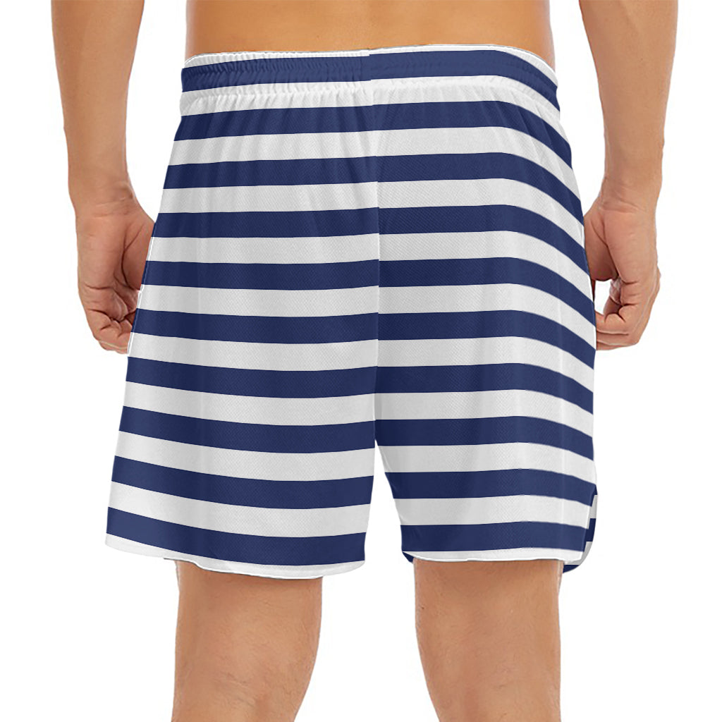 Navy And White Striped Pattern Print Men's Split Running Shorts