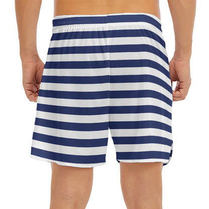 Navy And White Striped Pattern Print Men's Split Running Shorts