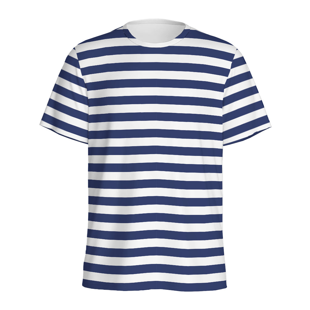 Navy And White Striped Pattern Print Men's Sports T-Shirt