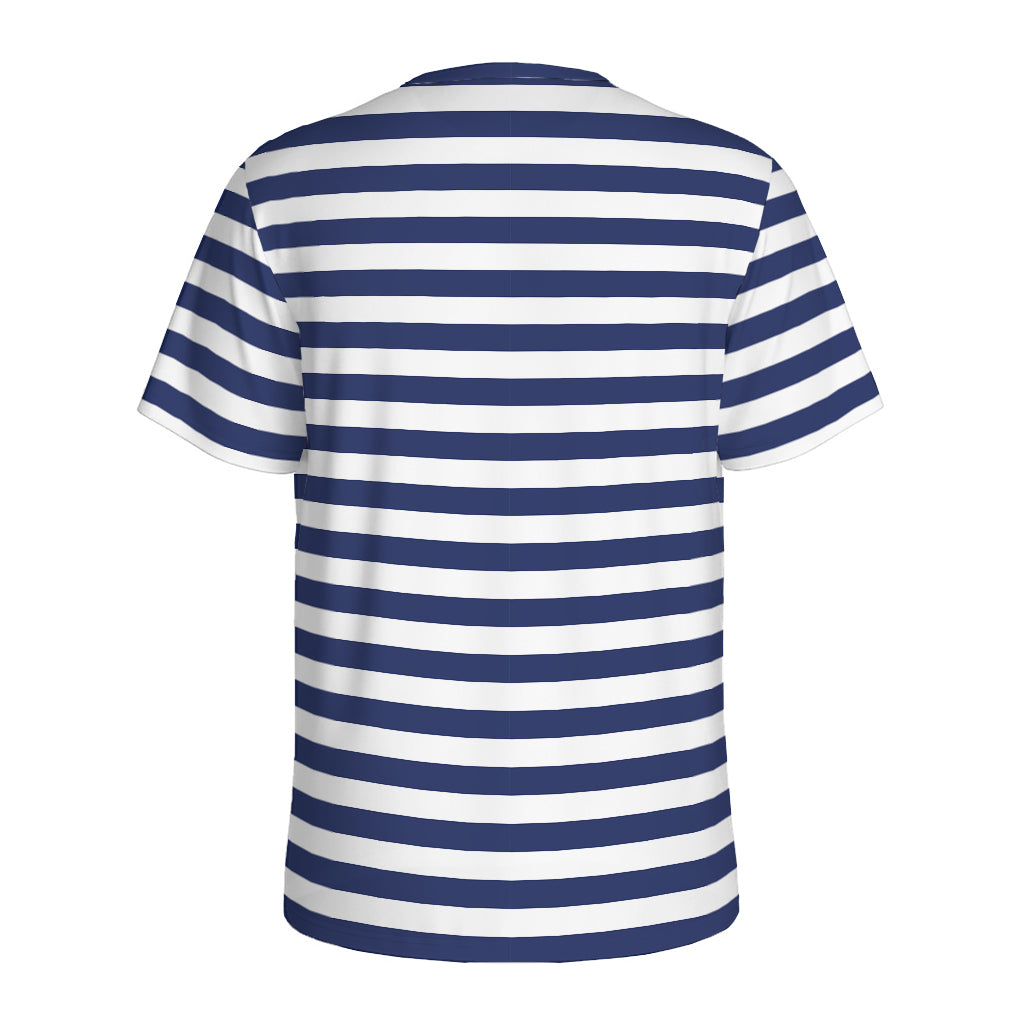 Navy And White Striped Pattern Print Men's Sports T-Shirt