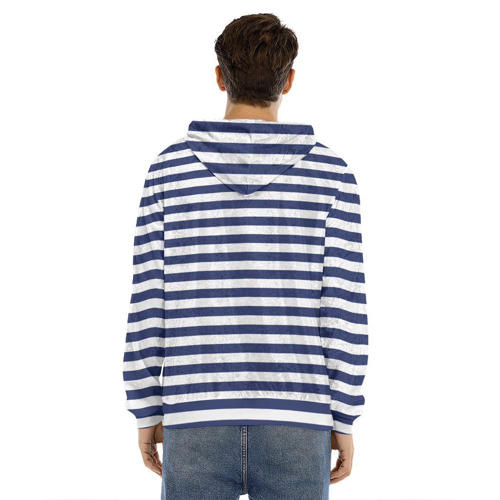 Navy And White Striped Pattern Print Men's Velvet Pullover Hoodie