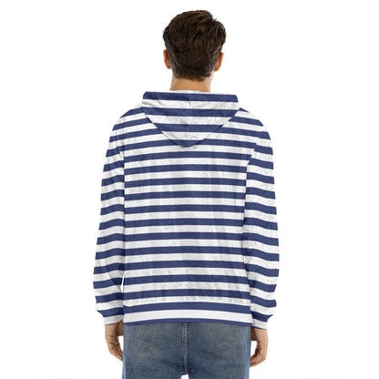 Navy And White Striped Pattern Print Men's Velvet Pullover Hoodie