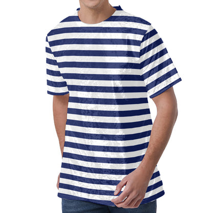 Navy And White Striped Pattern Print Men's Velvet T-Shirt