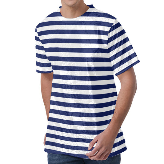 Navy And White Striped Pattern Print Men's Velvet T-Shirt