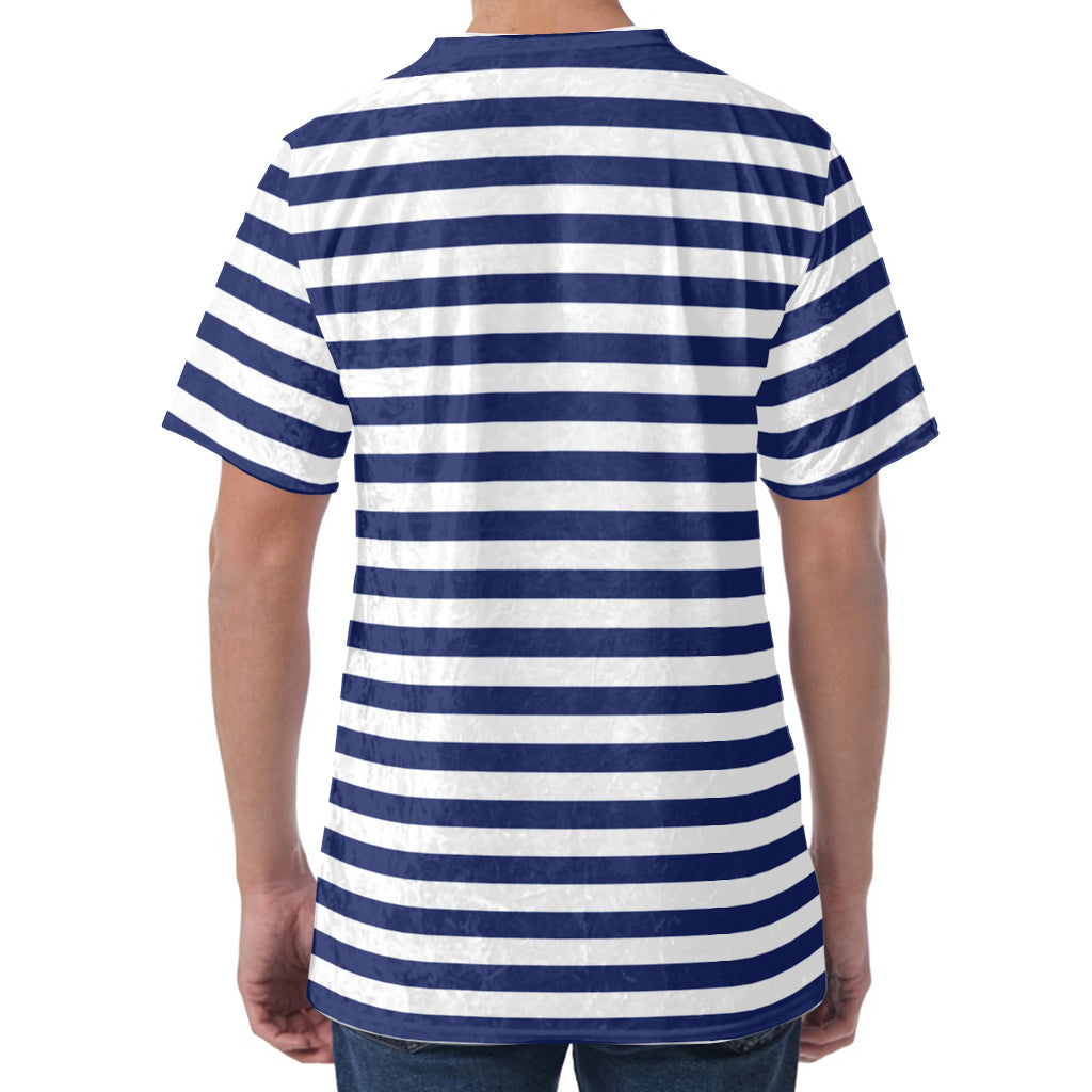 Navy And White Striped Pattern Print Men's Velvet T-Shirt