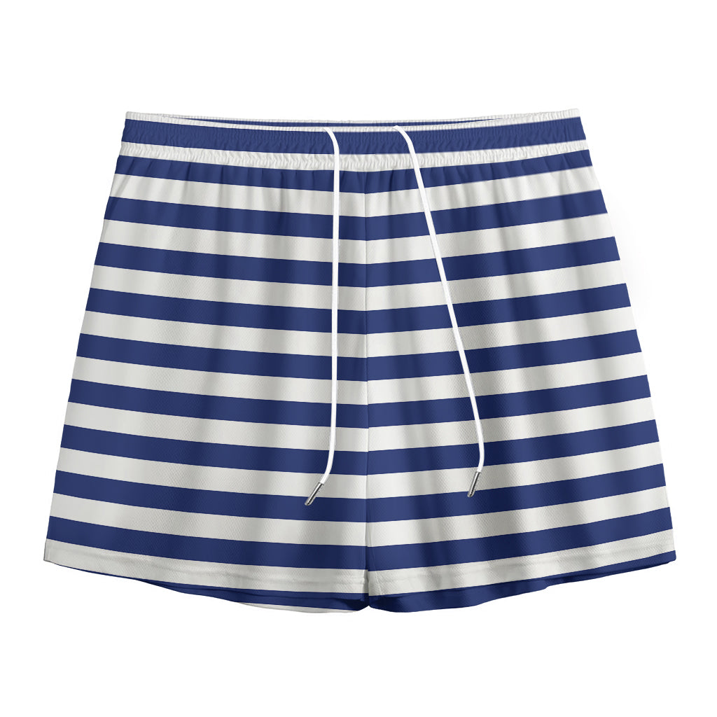 Navy And White Striped Pattern Print Mesh Shorts