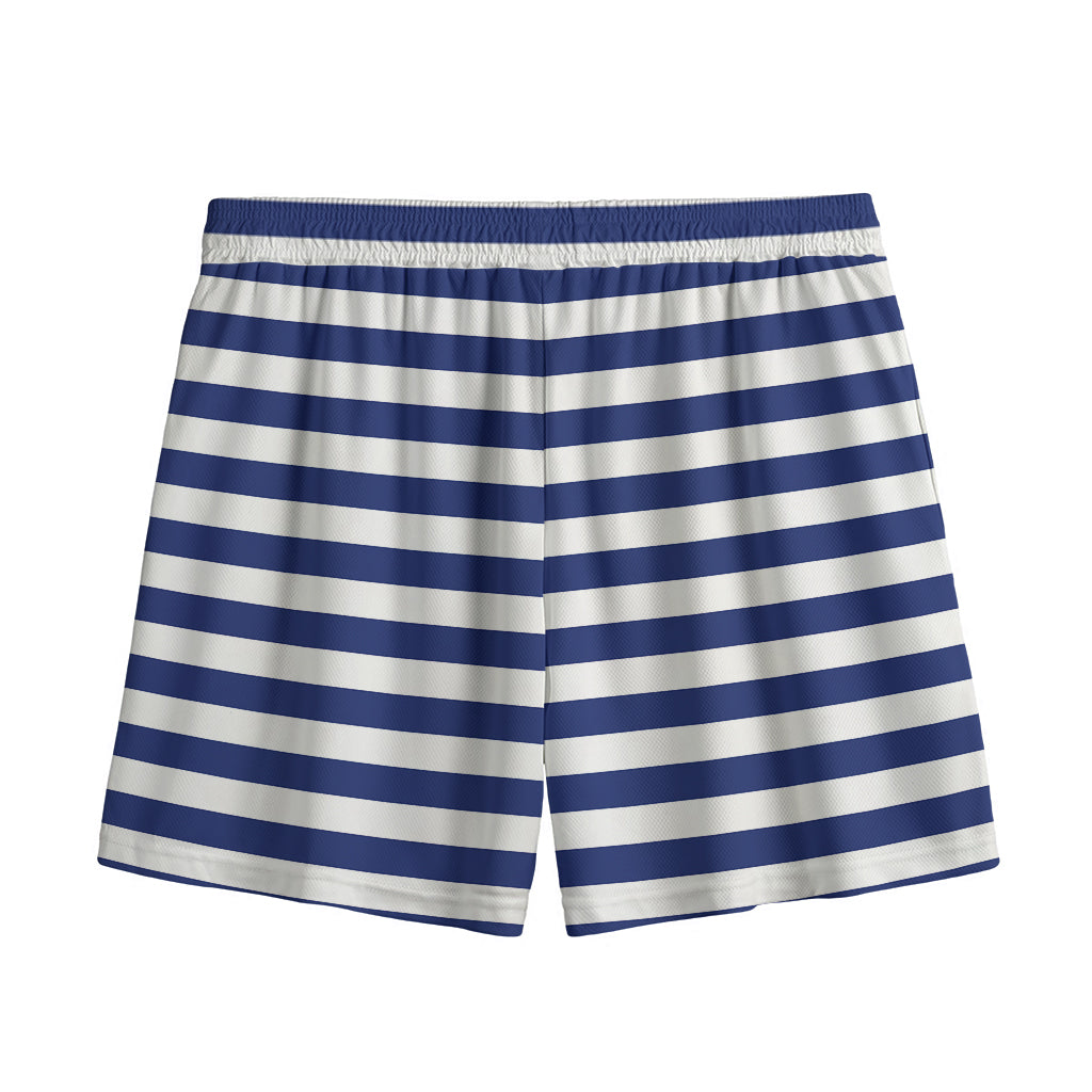 Navy And White Striped Pattern Print Mesh Shorts