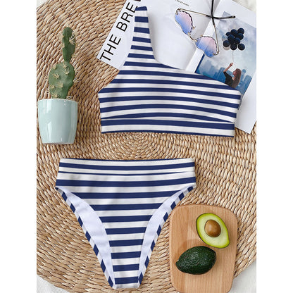 Navy And White Striped Pattern Print One Shoulder Bikini Top