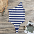 Navy And White Striped Pattern Print One Shoulder Bodysuit