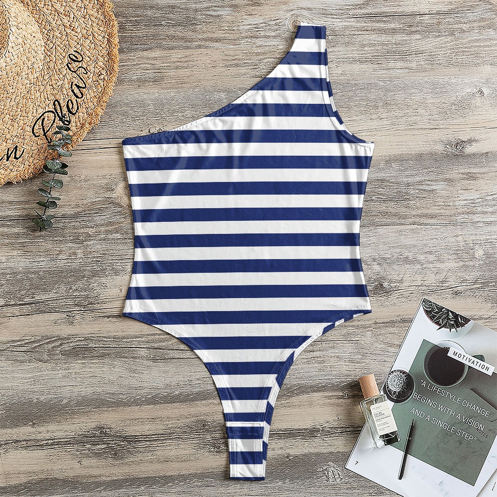 Navy And White Striped Pattern Print One Shoulder Bodysuit
