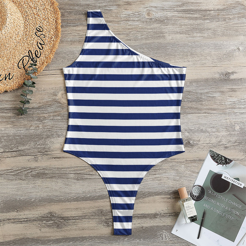 Navy And White Striped Pattern Print One Shoulder Bodysuit