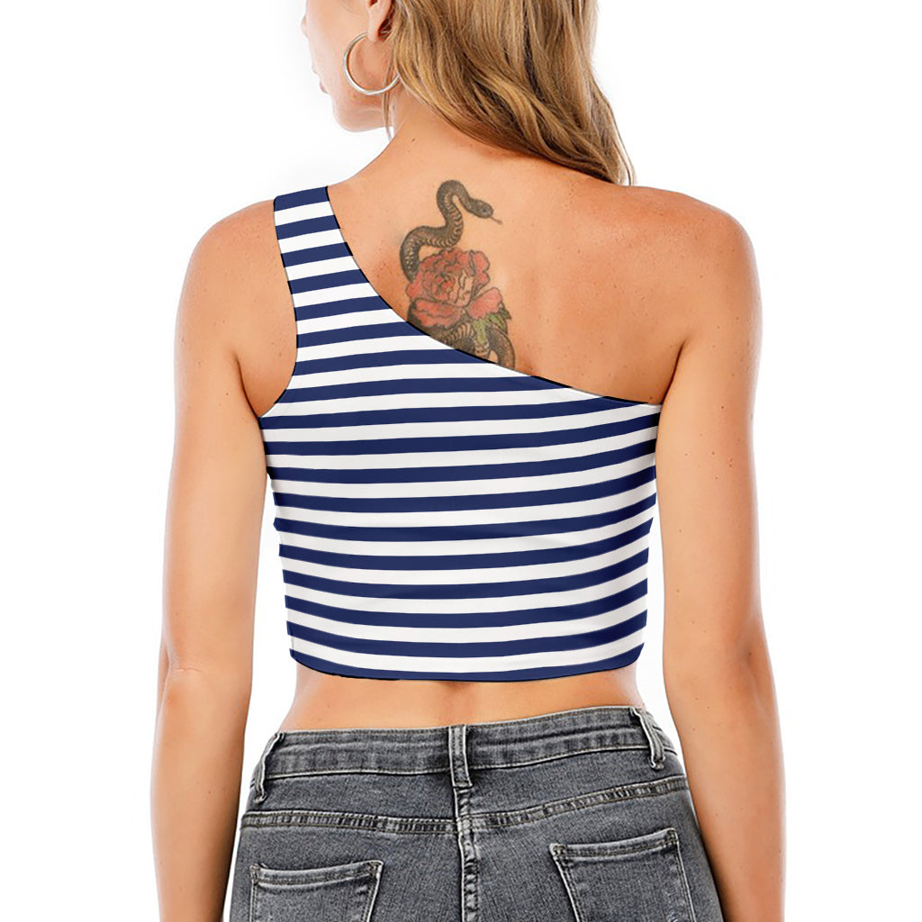 Navy And White Striped Pattern Print One Shoulder Crop Top